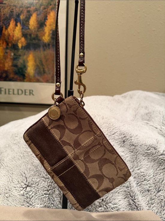 Coach Handbags - Coach Brown Signature Canvas Wristlet with Gold Hardware